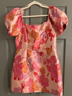 So Stunning Light Pink Floral Jacquard Puff Sleeve Mini Dress